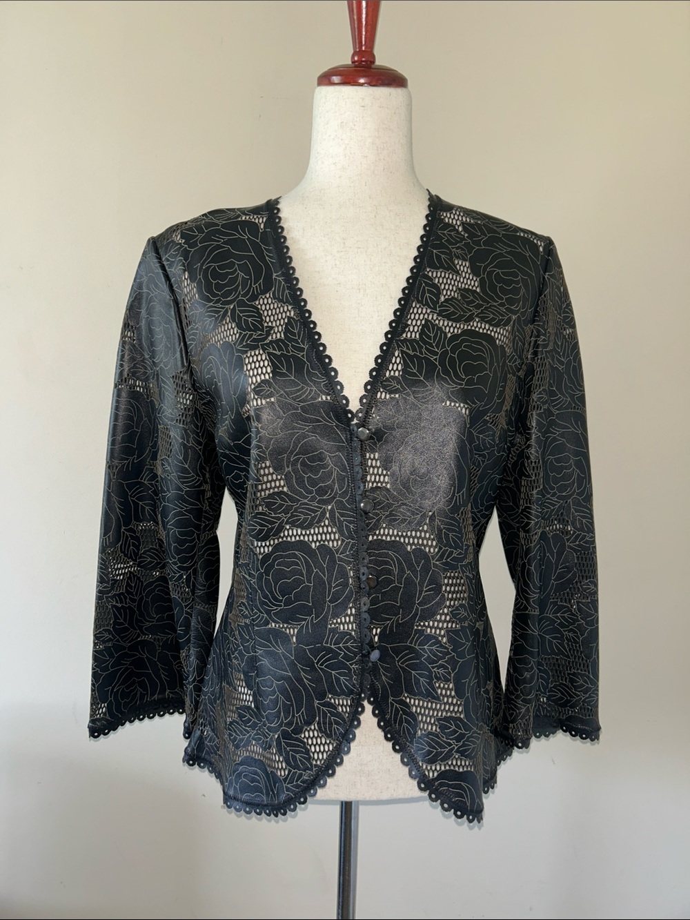 The Wrights Vintage Laser-cut Black LeatherJacket 3/4 Sleeve Size 12